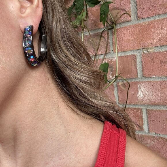 YSL Vintage Aurora Borealis Curved Hoop Earrings Crystal Rhinestone Signed 80s - Picture 4 of 16